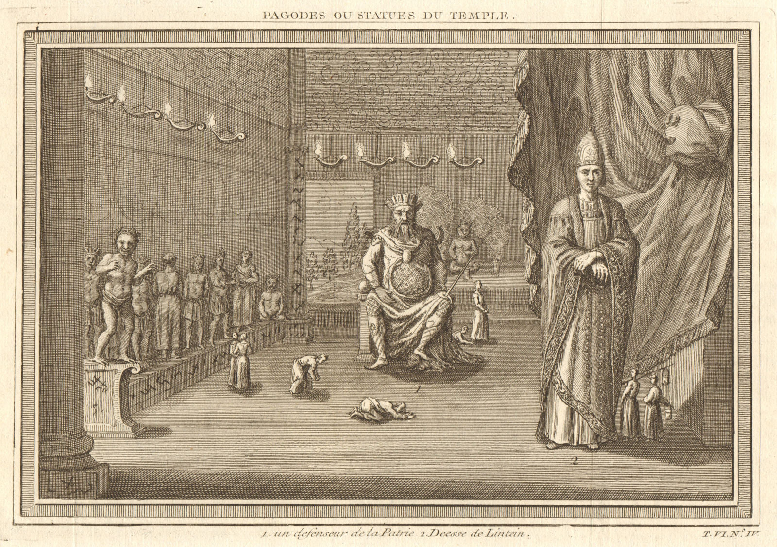 China temple idols. Defender of his country. Goddess Lin tsin (Qin?) 1748